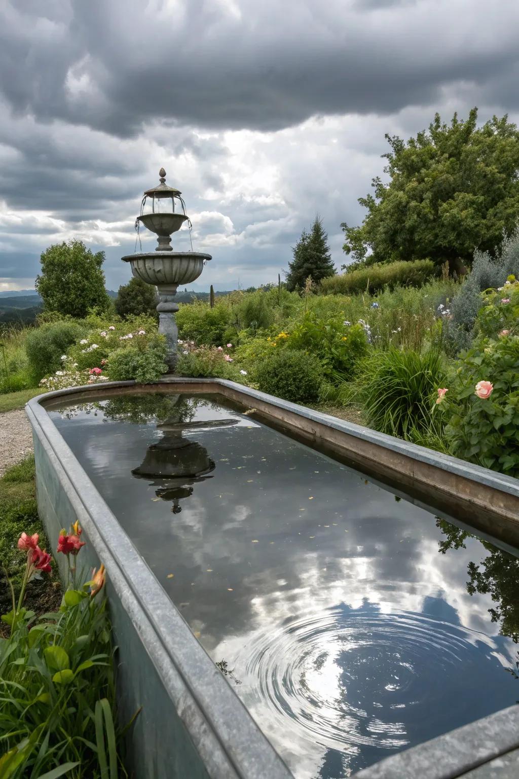 A reflective surface creating a mirror effect in a trough fountain.