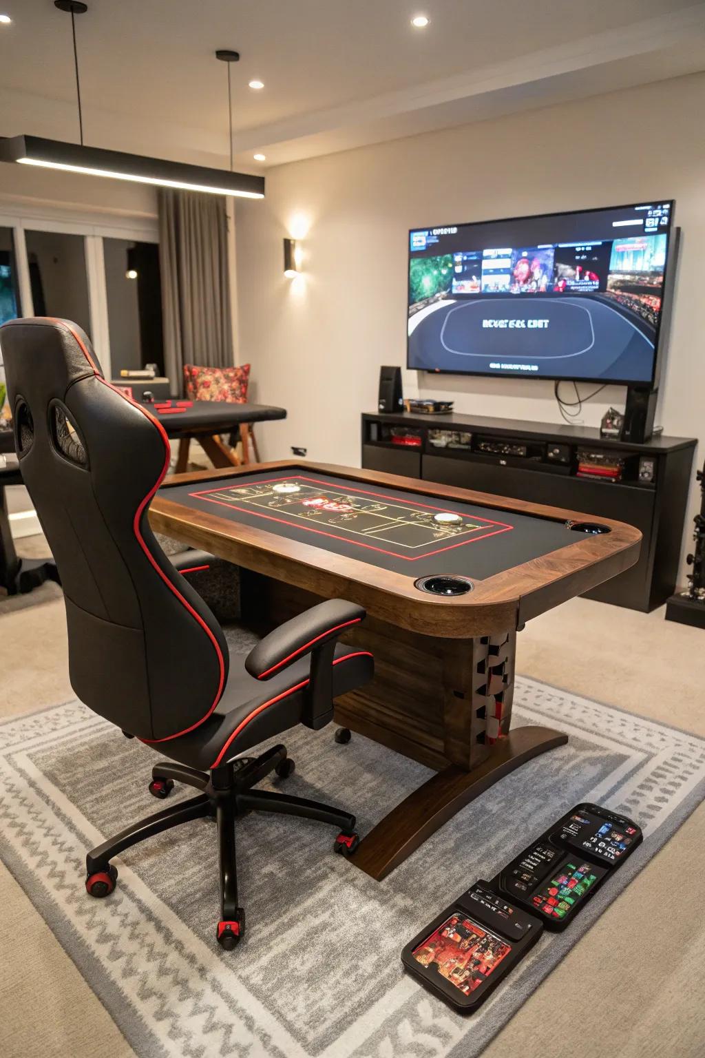 Custom furniture designed to fit the specific requirements of the gaming area.