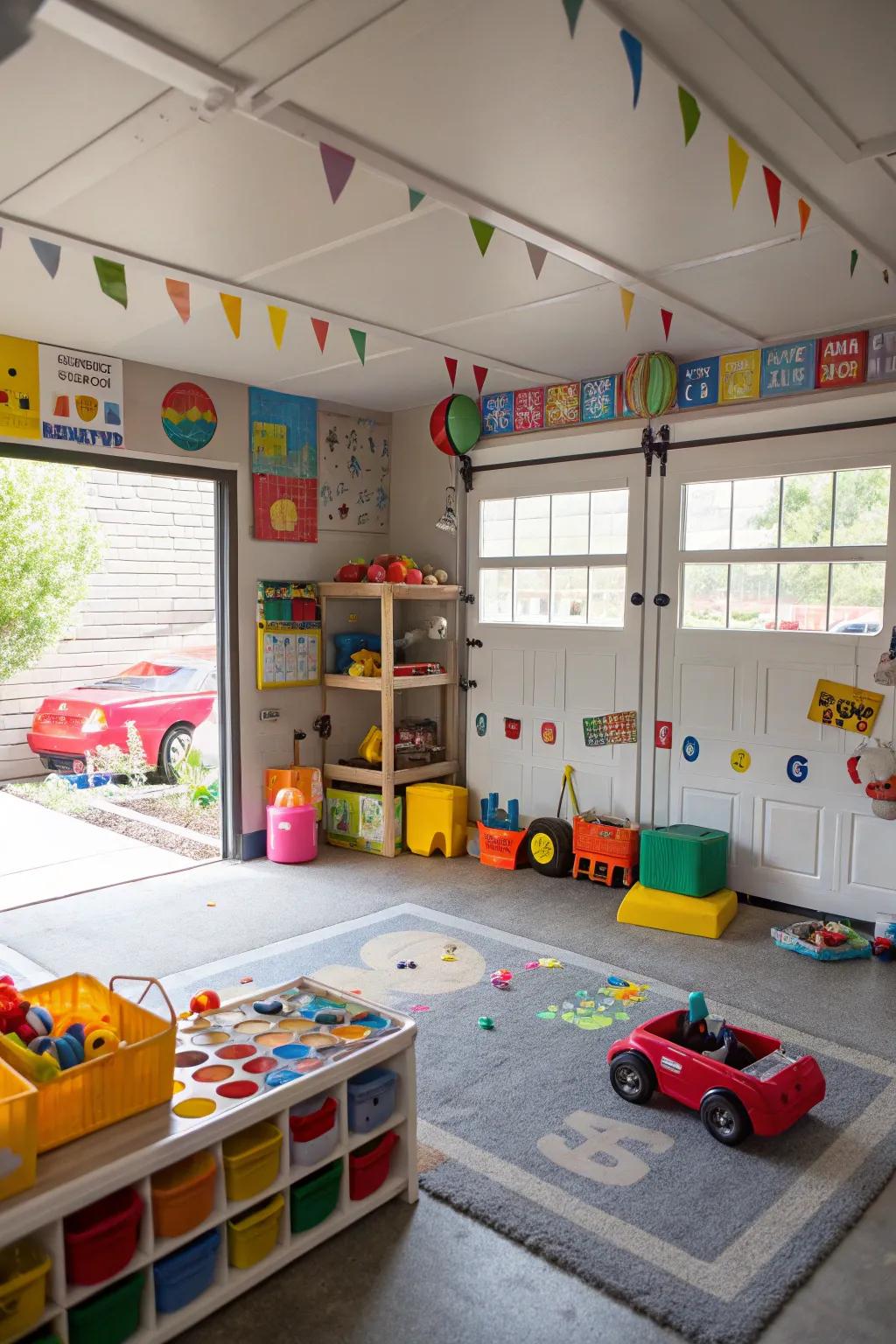 A safe and fun space for kids in a garage.