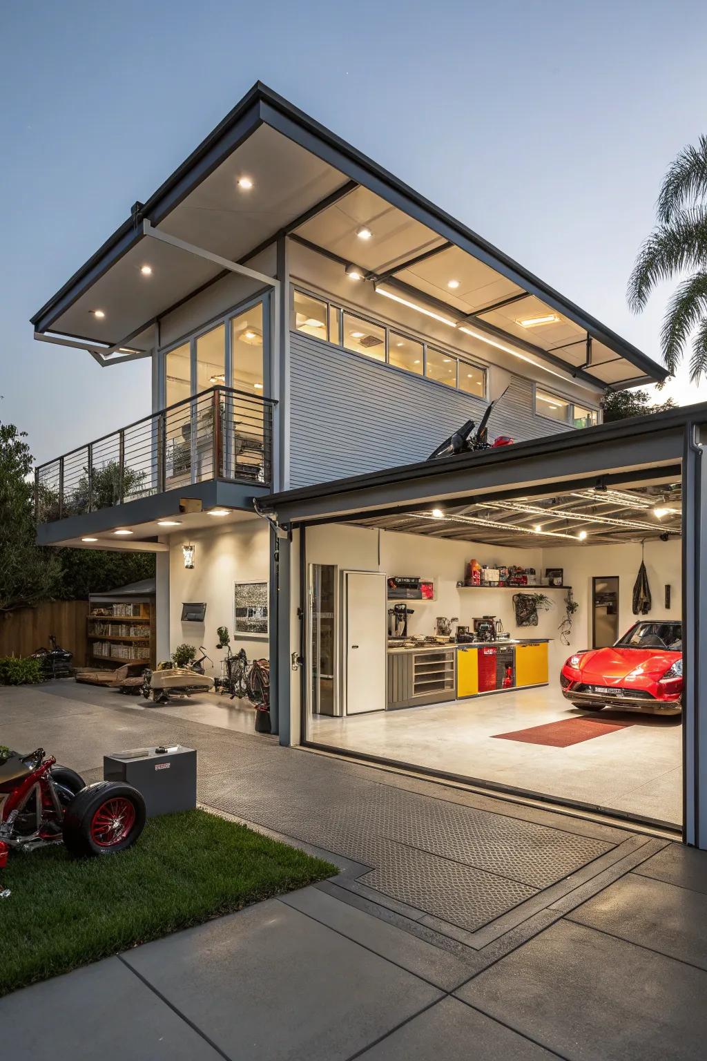 A dynamic multi-level roof extension offers creative space utilization.
