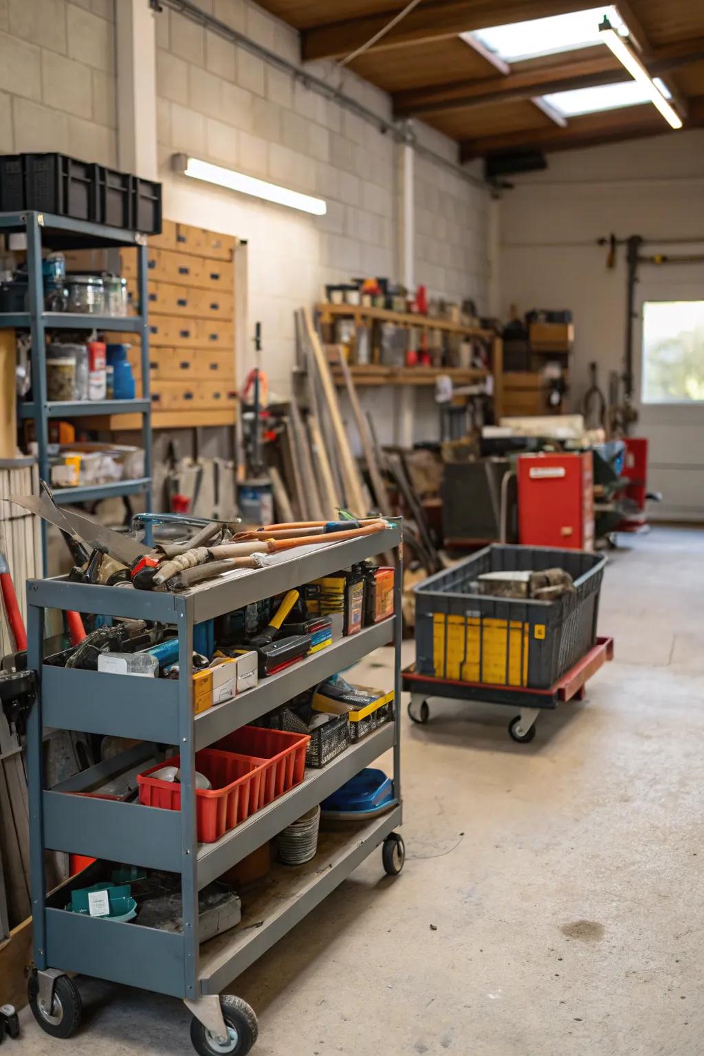 Mobile carts offer adaptability and easy access in your garage.