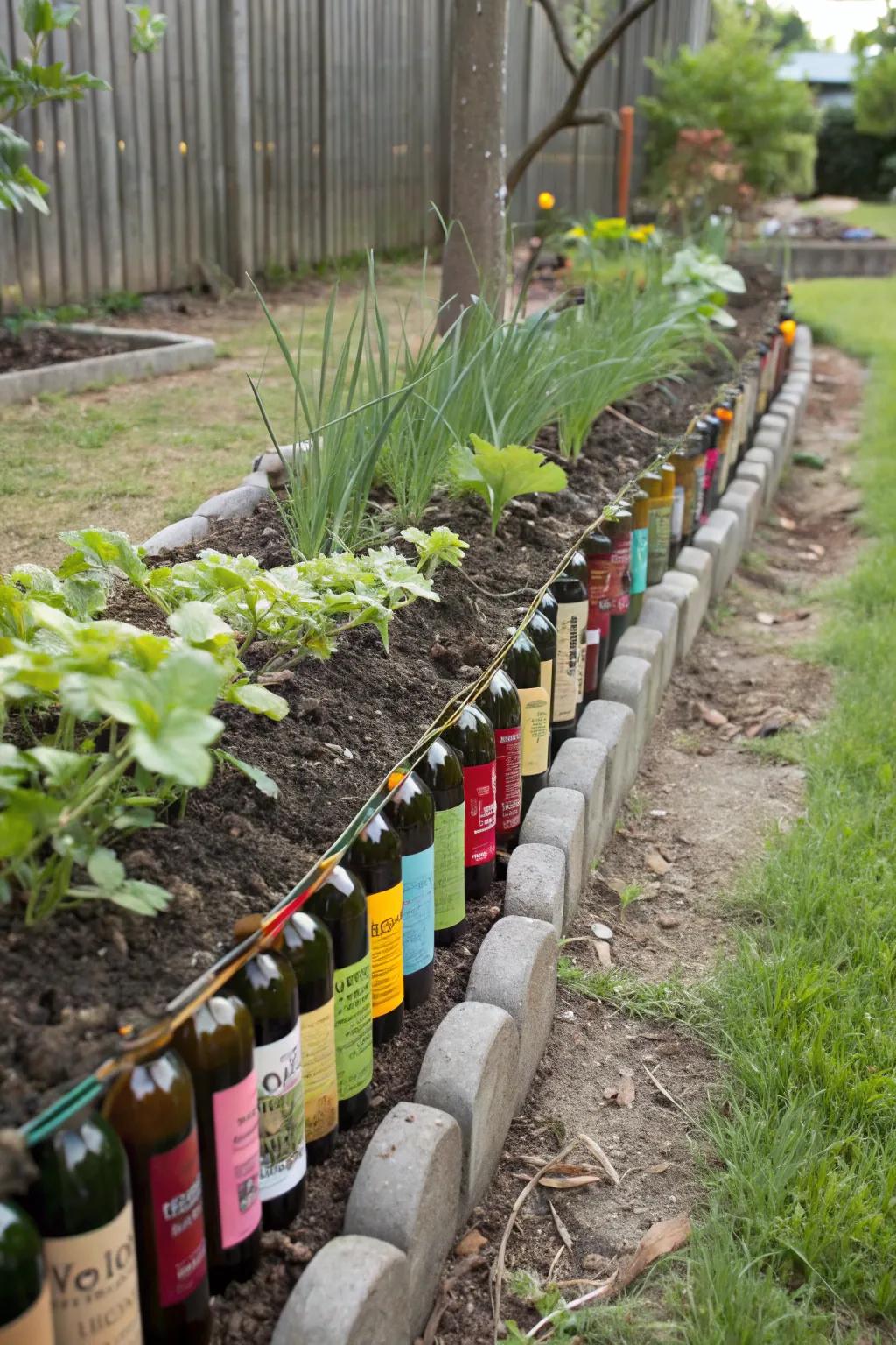 Unique wine bottle edging adds a playful touch to gardens.