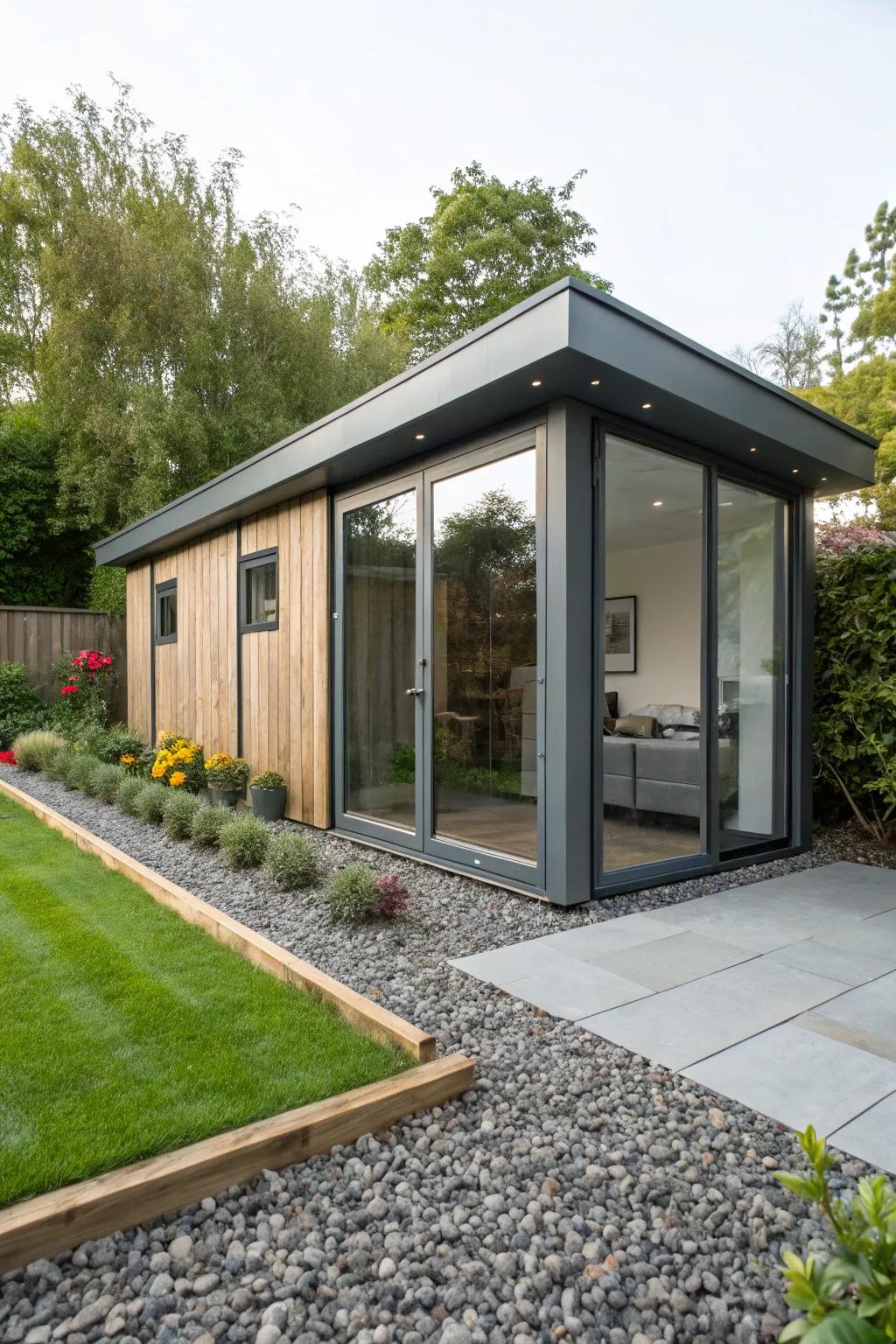 Outline your garden studio with refined stone fragments for a contemporary touch.