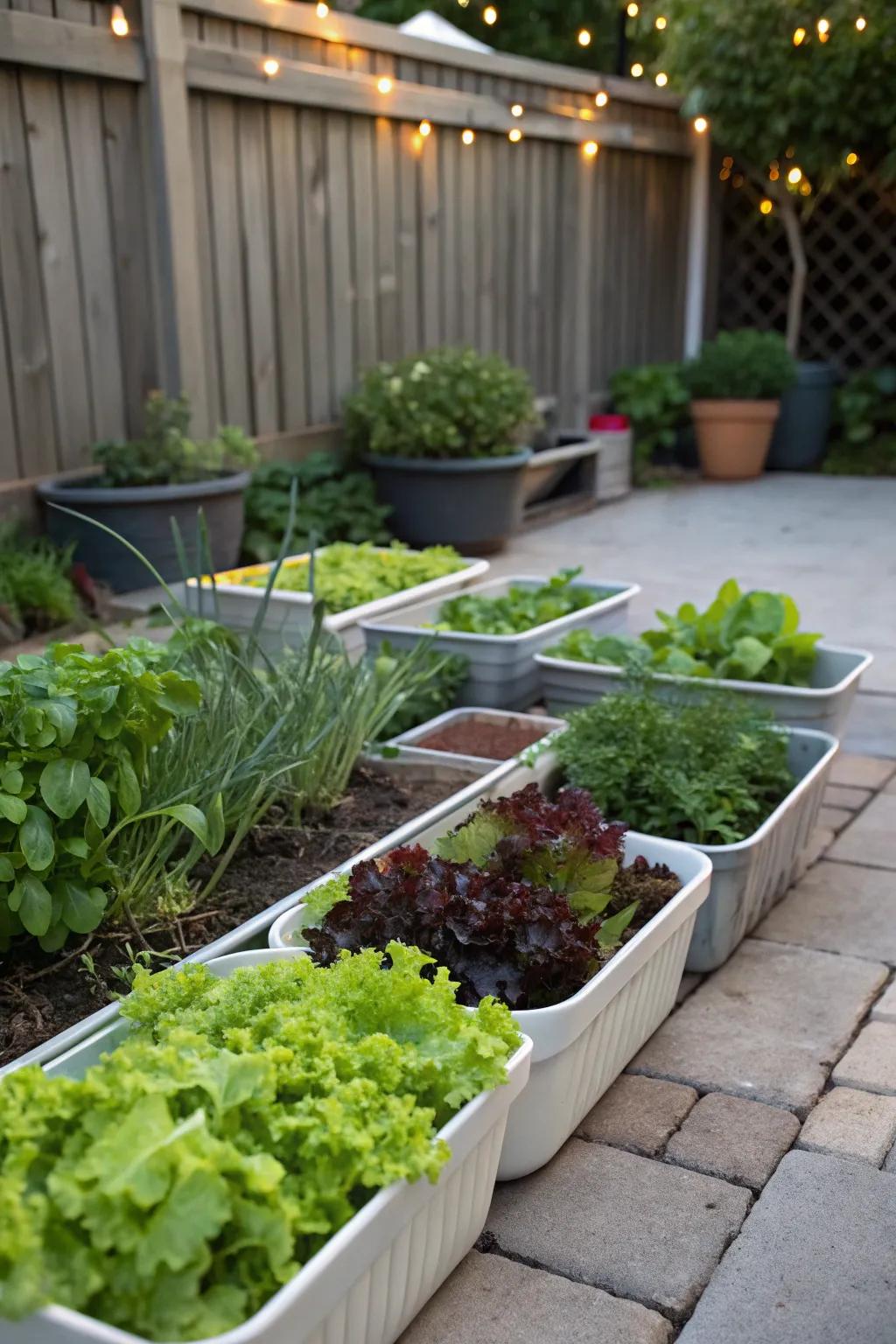Shallow vessels containing fresh lettuce and herbs.