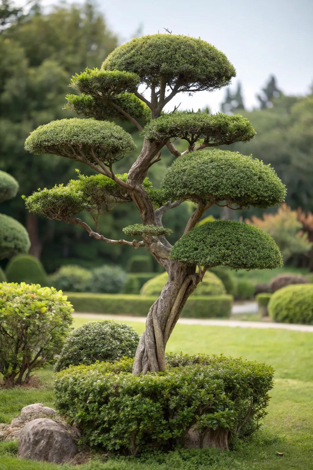 A garden tree expertly pruned into a remarkable sculptural form.
