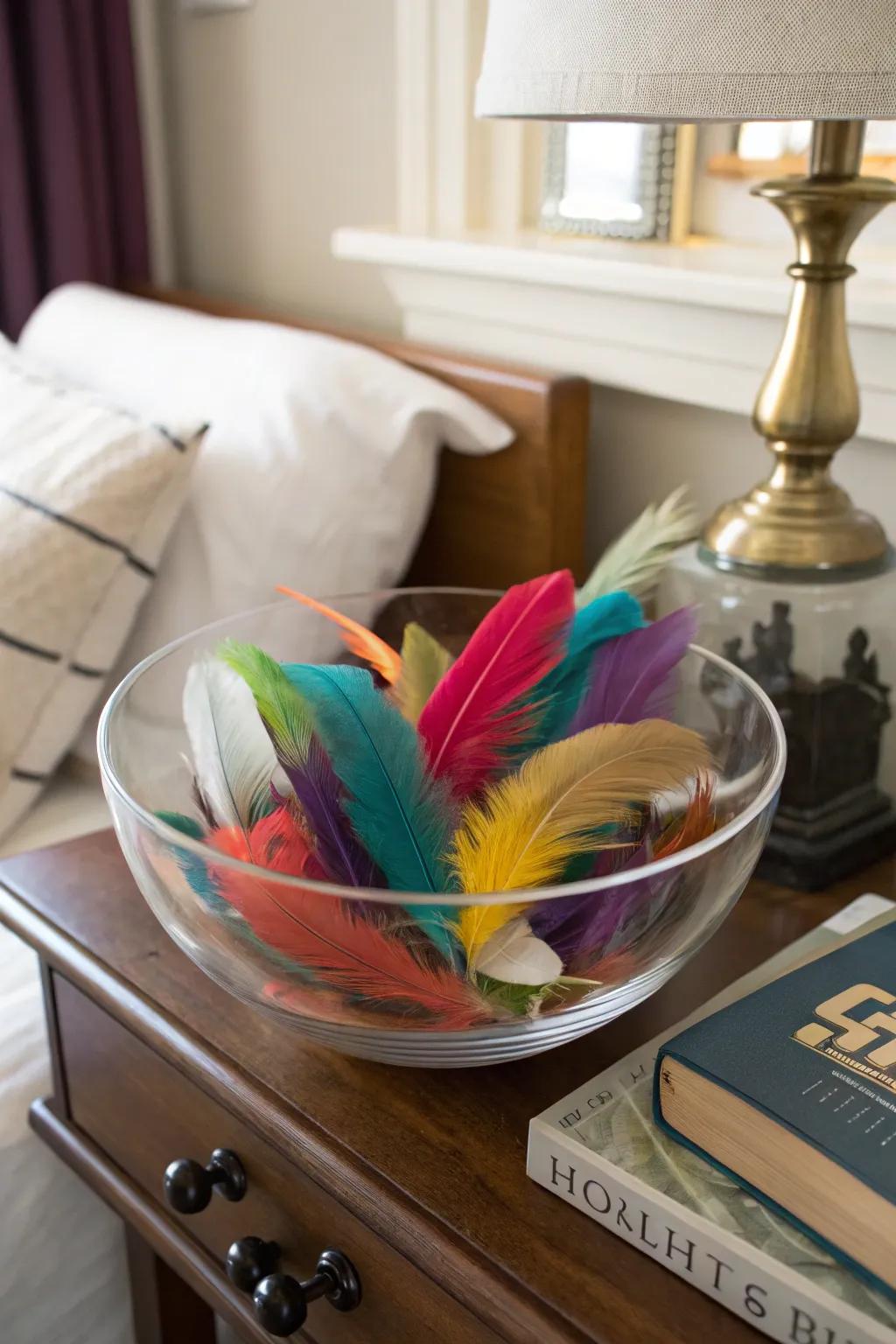 Whimsy and hue through plumage within a glass bowl.