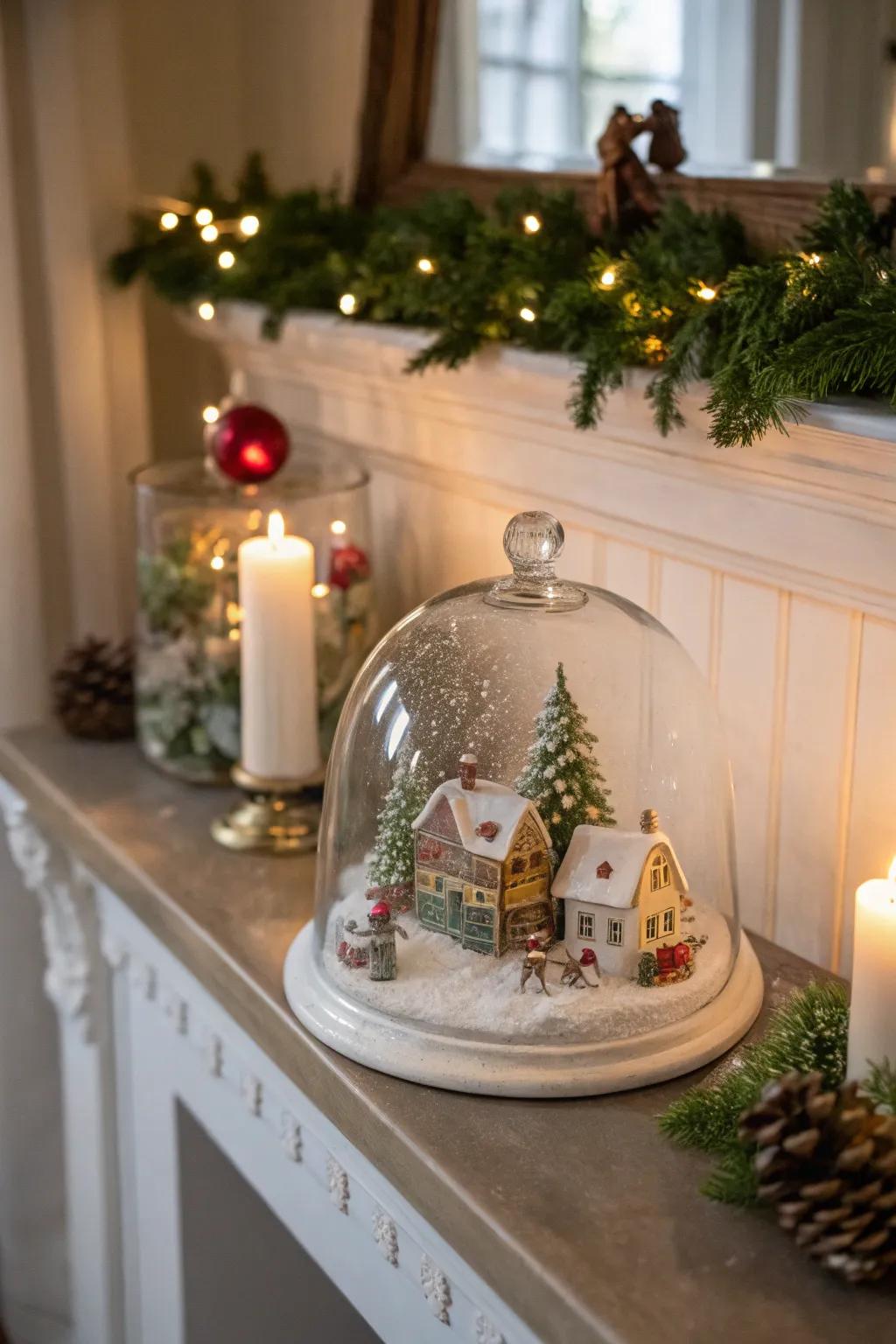 A whimsical winter scene with figurines under a glass dome.
