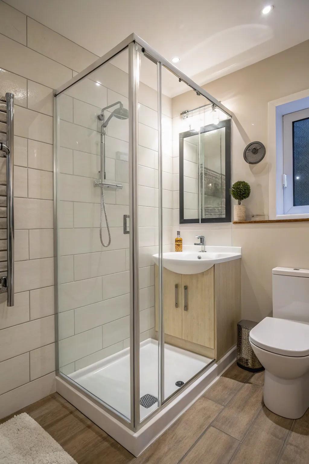 Streamline area through an angled shower setup.