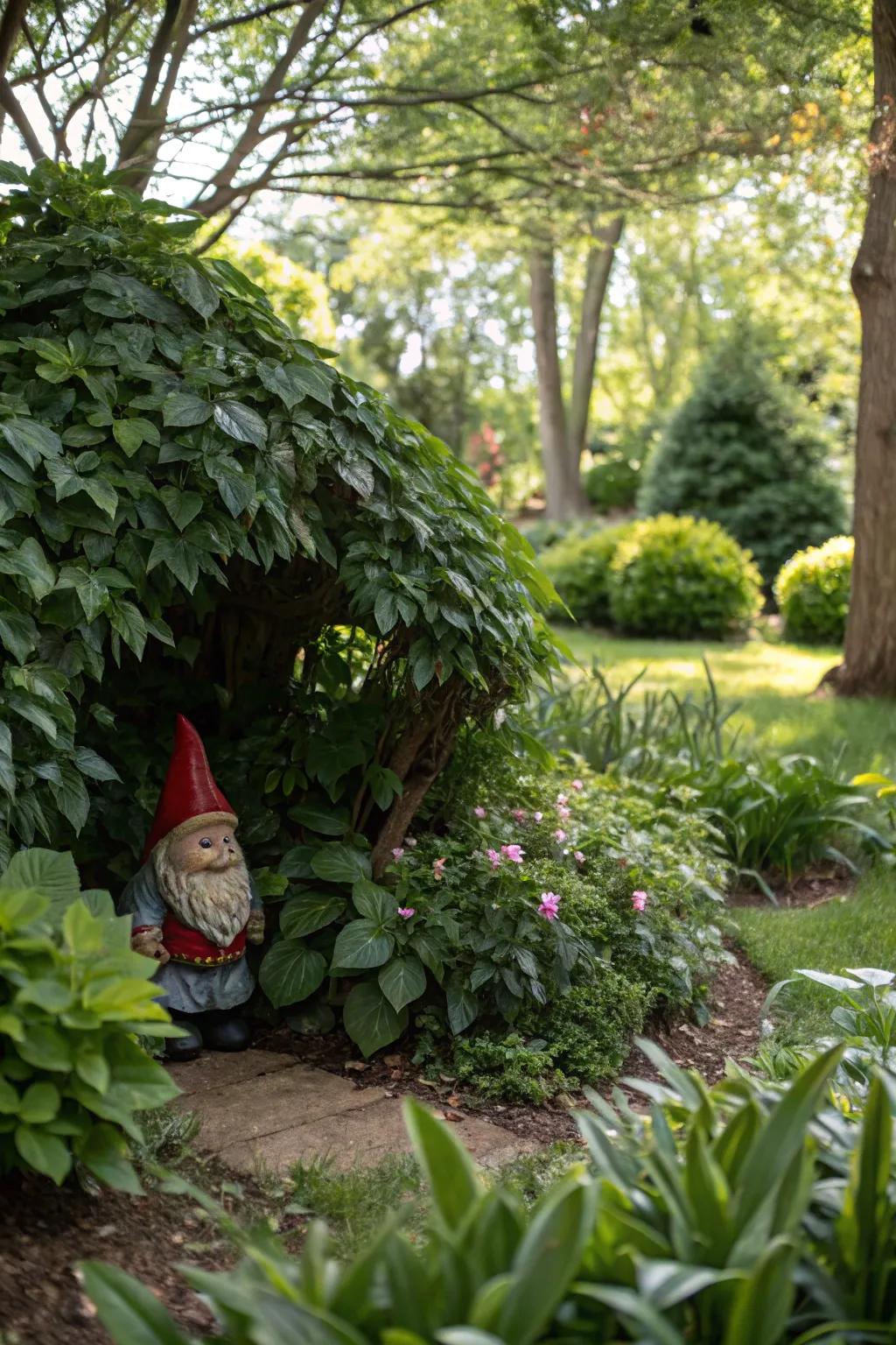 A secretive gnome hideaway nestled amid lush foliage.