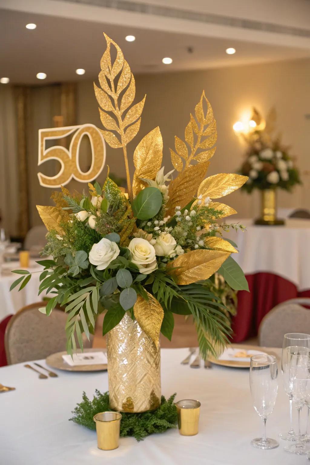 Floral arrangements with gold-painted leaves add rich elegance to the tables.