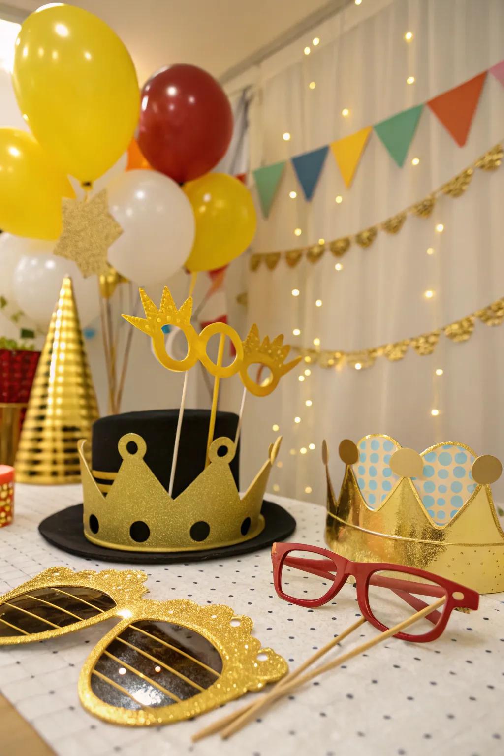 Golden photo booth props contribute amusement and ingenuity to your party.