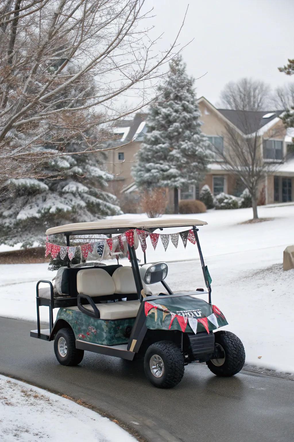 Flags and banners add the final festive touch to this golf cart.