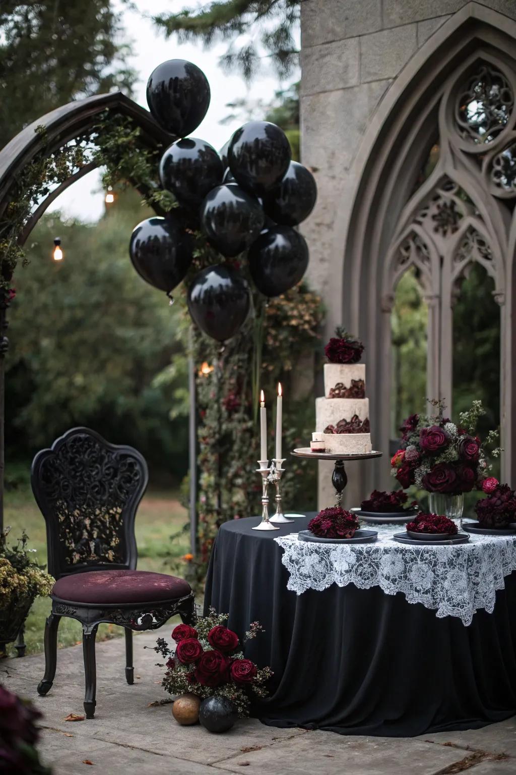 A gothic wedding setup showcasing shadowy balloons.