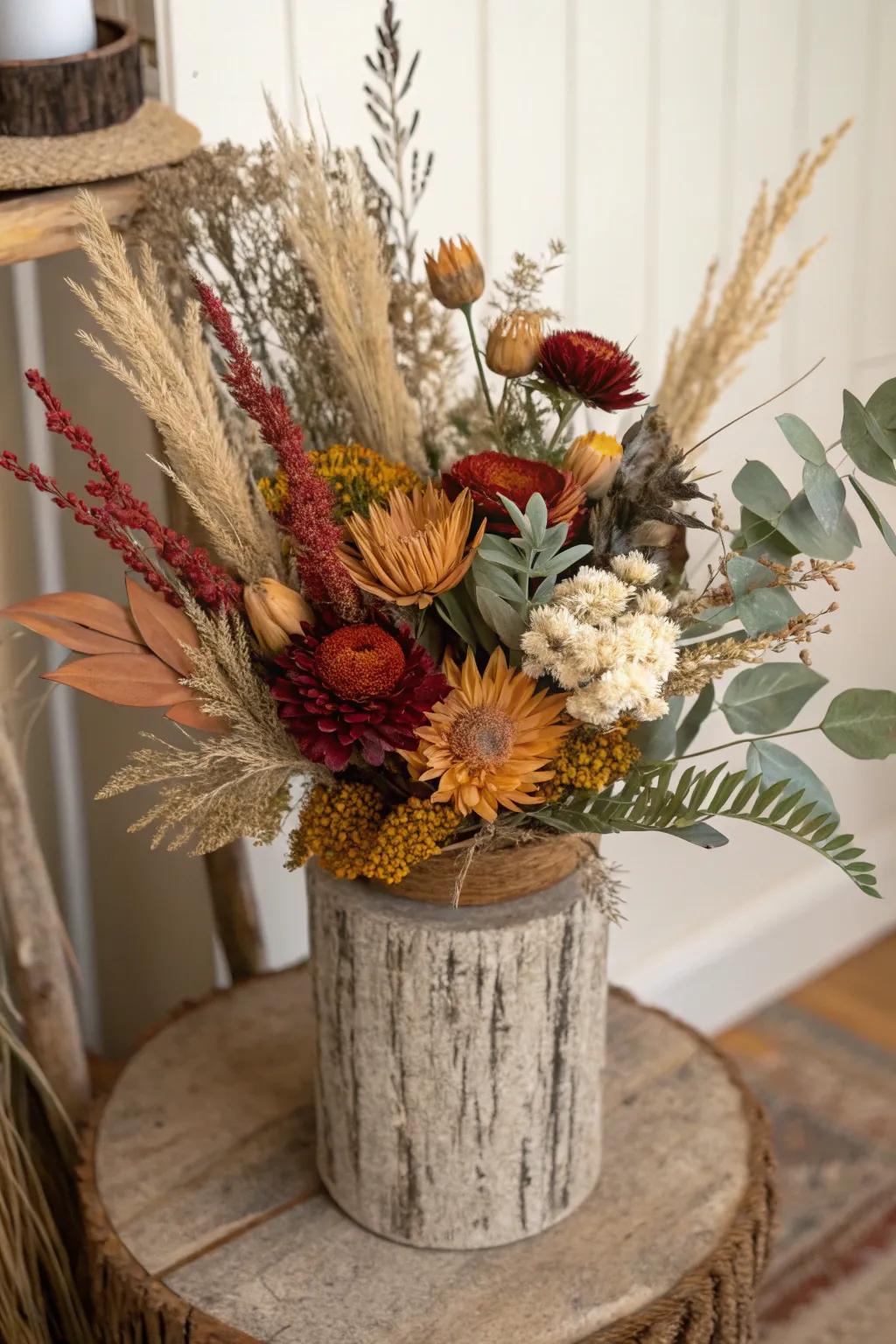 A vintage-inspired dehydrated flower arrangement.