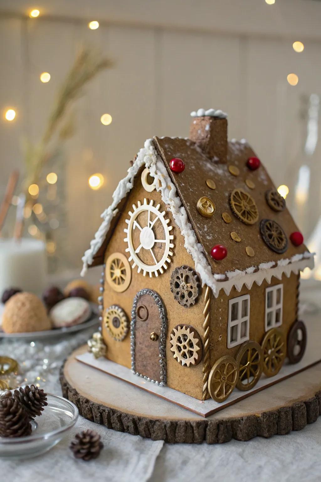 Mechanical gingerbread house exhibiting a unique twist.