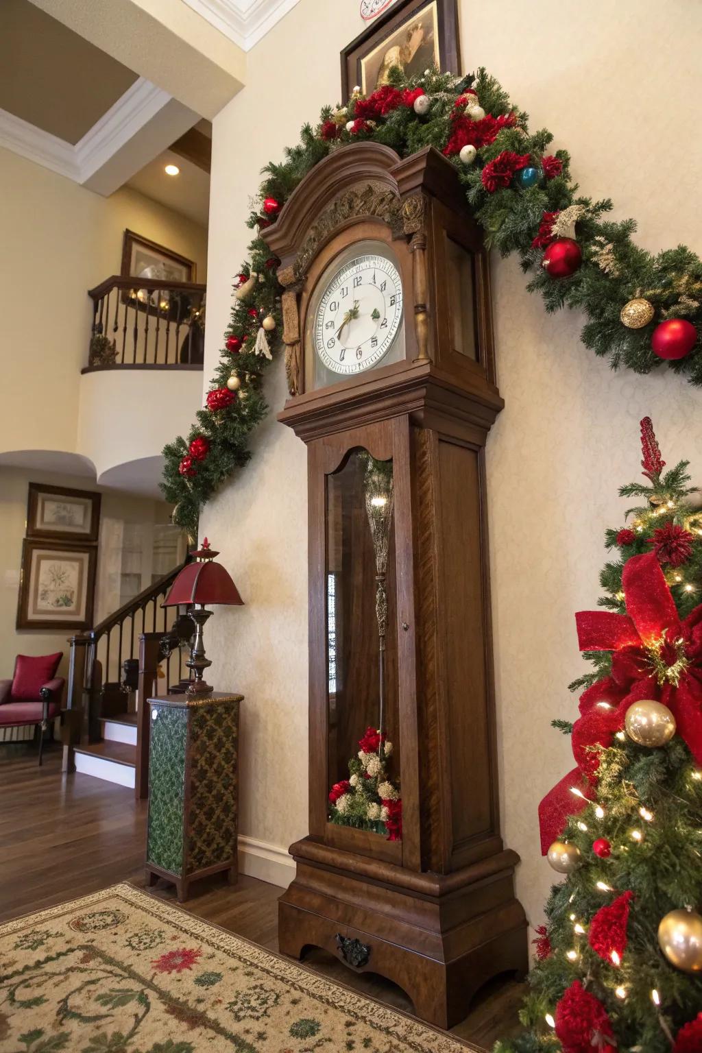 A tall case clock transforms into a festive holiday centerpiece.