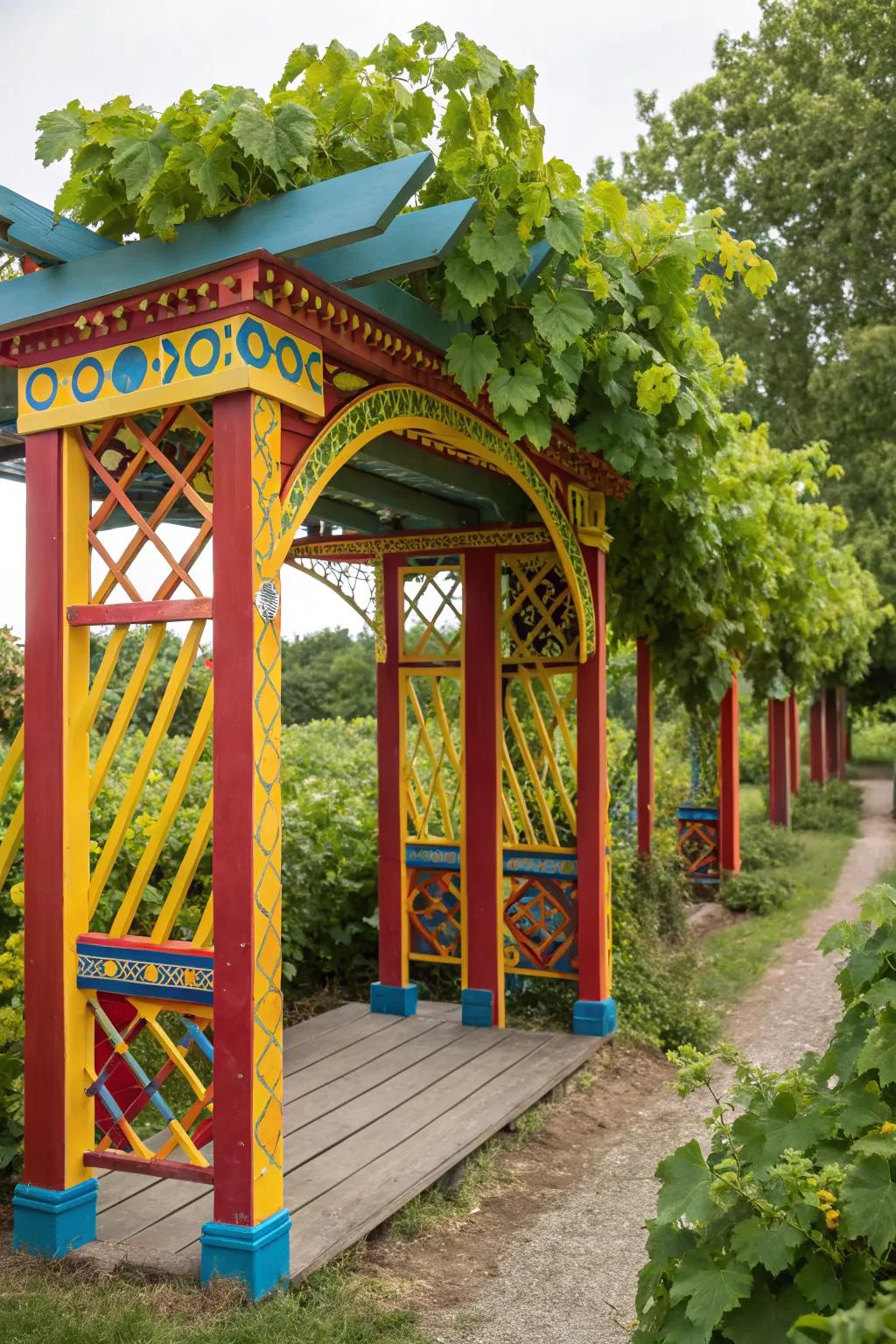 A brilliant painted arbor attaches a lively touch to the yard landscape.