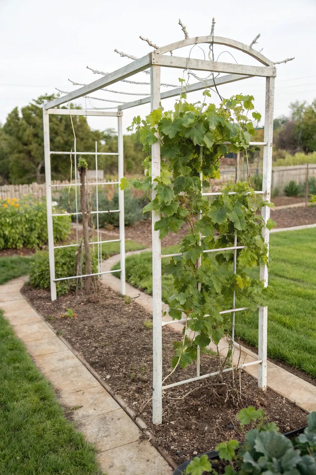 Simple cable trellises highlight the elegance of grapevines.
