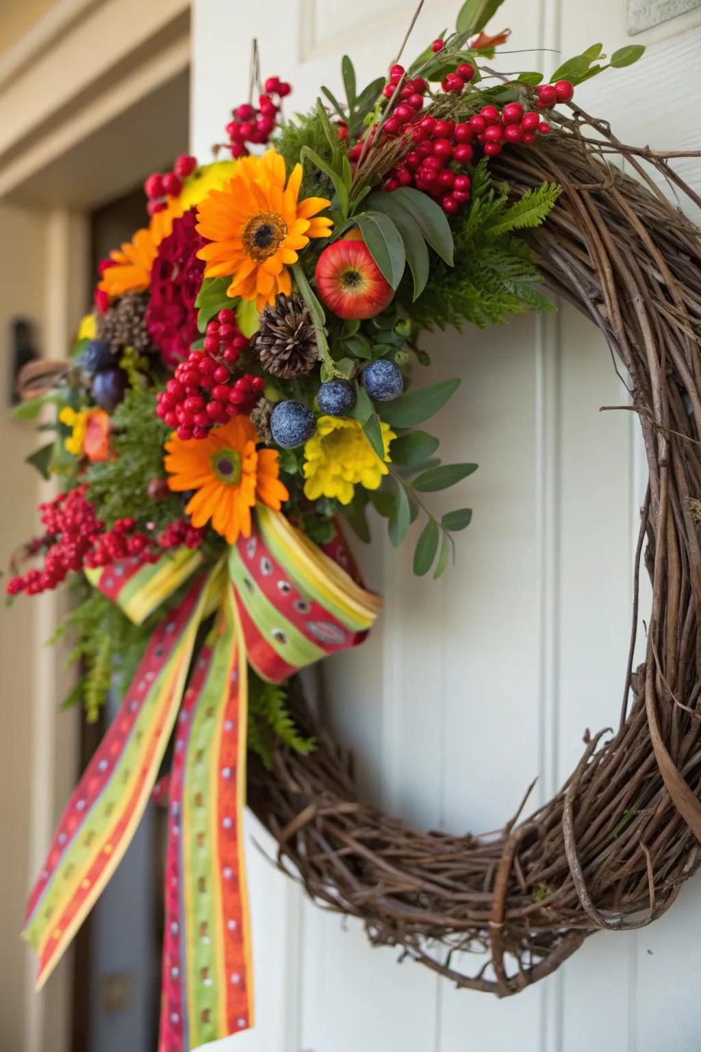A festive-themed grapevine wreath showcasing vibrant colors.