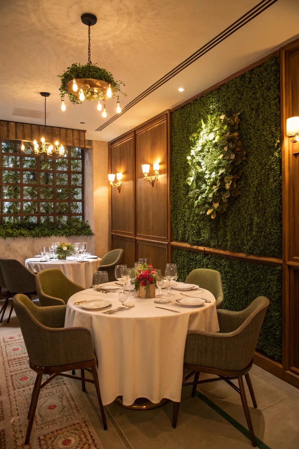 A grass wall in the dining chamber incorporates a stimulating and welcoming nuance to repast periods.