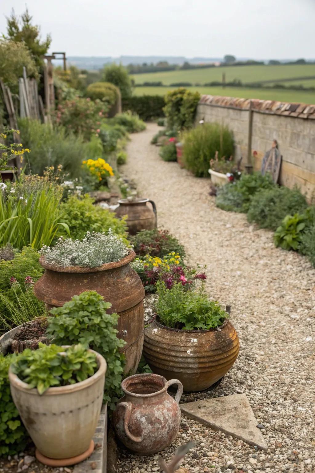 Weathered containers contribute a nostalgic and sustainable dimension to the garden.