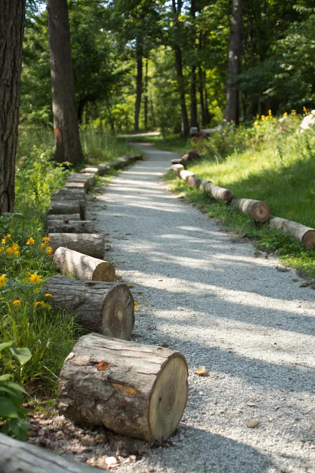 A crushed stone walkway enhanced with natural elements