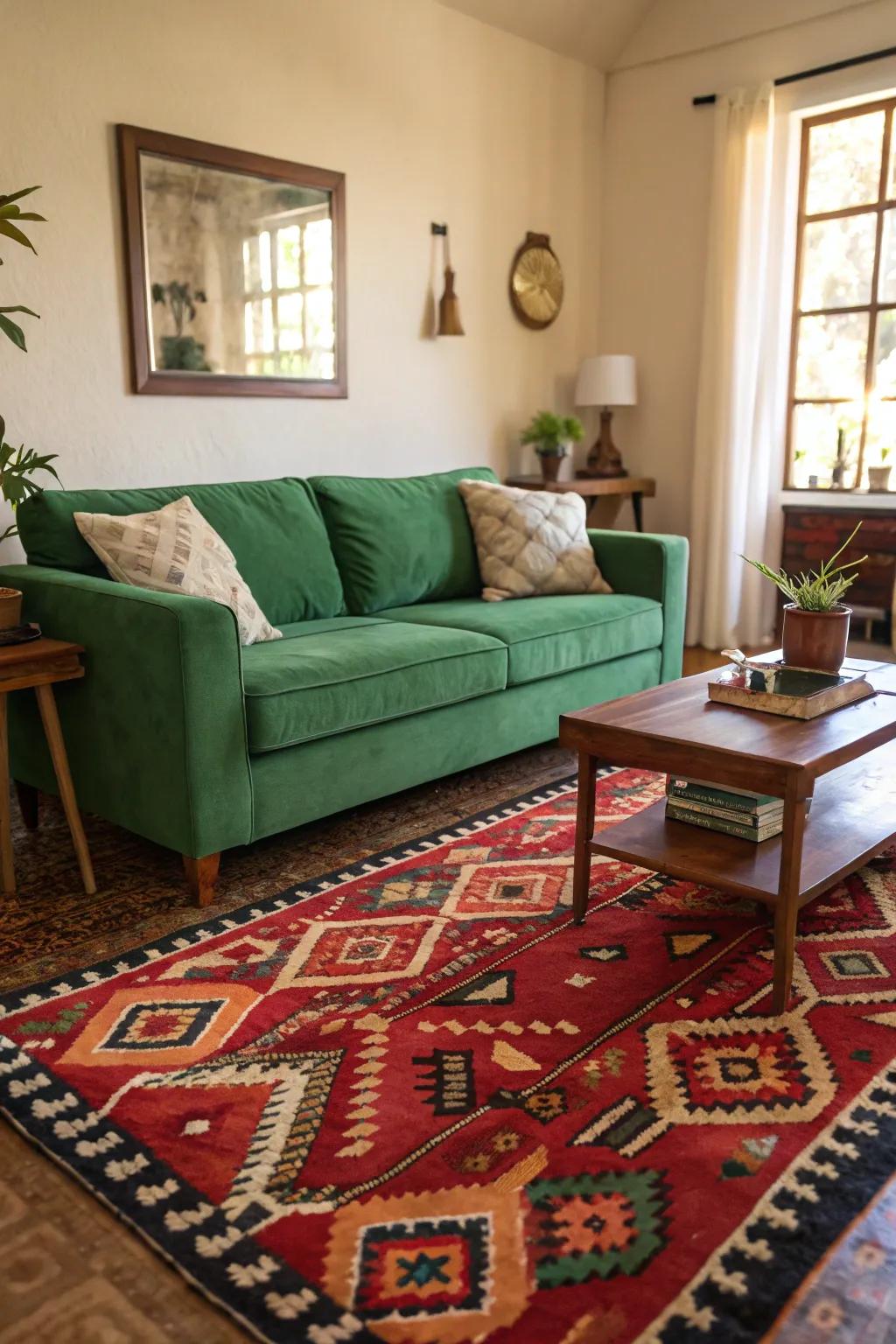 A prominent floor covering can beautifully stabilize a green couch, improving the room's cohesiveness.