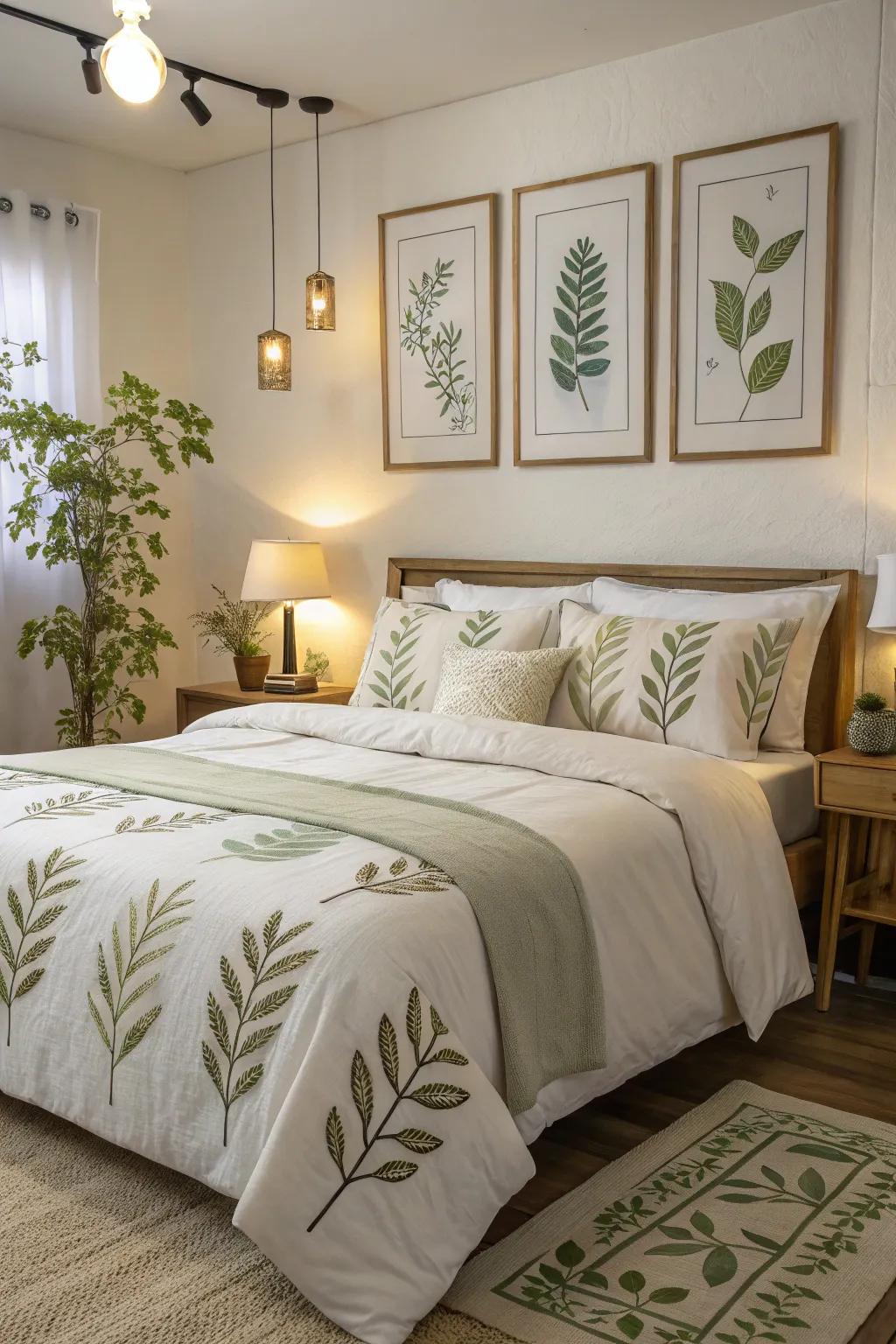 Foliage accents in the boudoir fashion a tranquil sanctuary.
