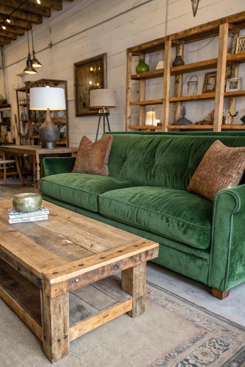 A warm and inviting family room with a verdant plush settee and countryside elements.