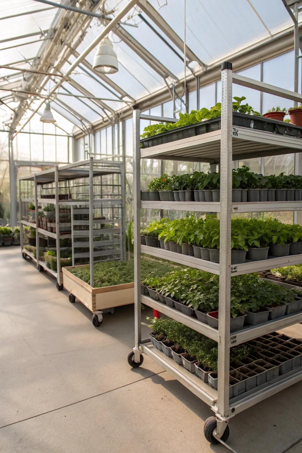 Movable racks on casters for effortless rearrangement.