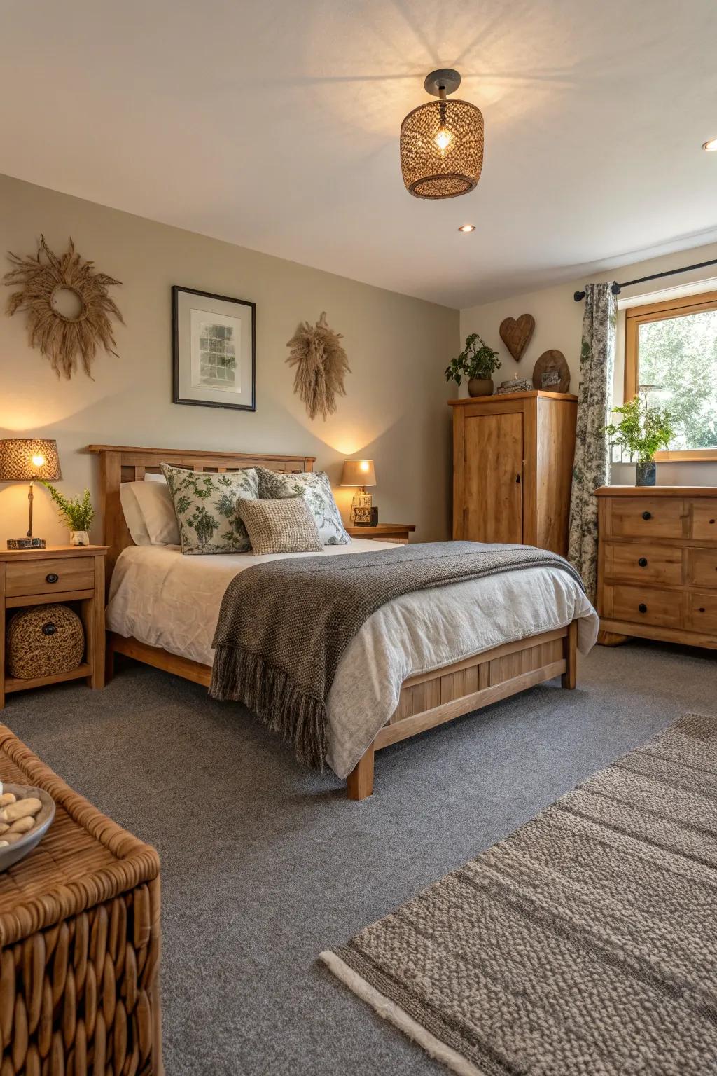 Natural hues complement the grey carpet, creating a balanced and soothing atmosphere.