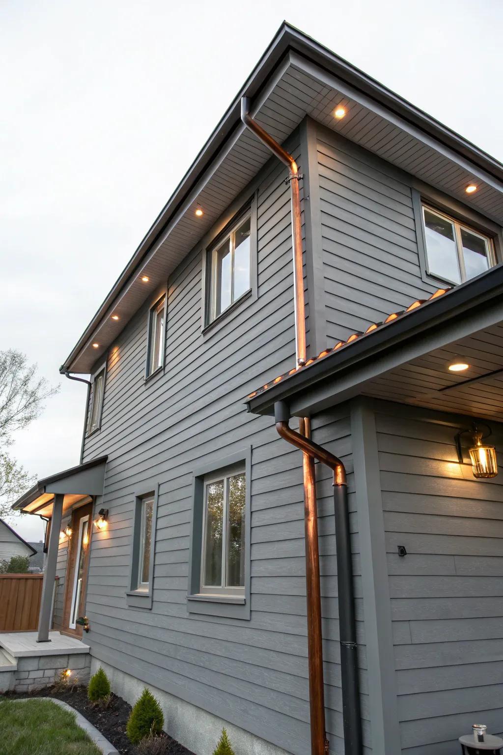 Copper details infuse warmth and luxury into grey exteriors.