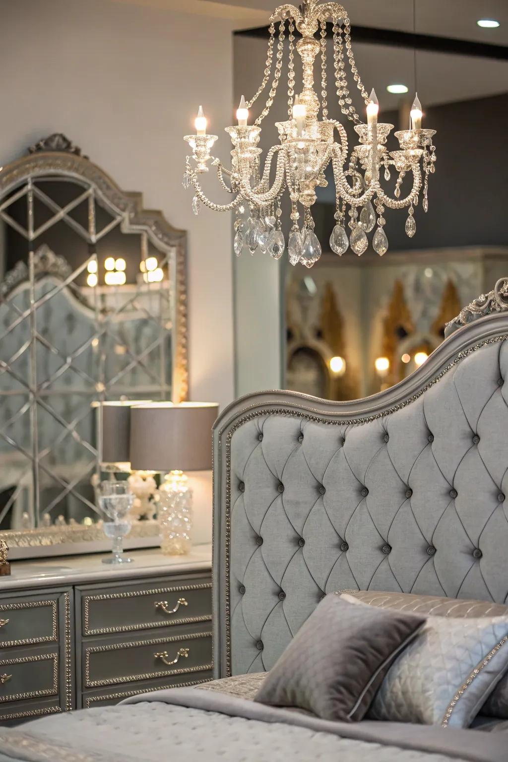 Glamorous decorative elements refine a bedroom design with a slate-toned headboard.