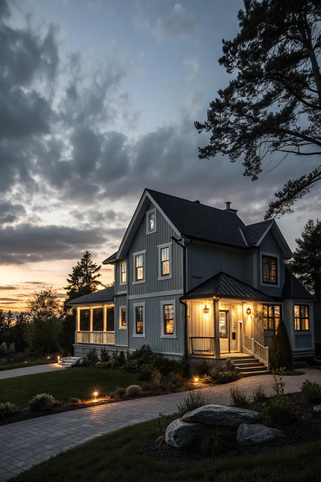 Striking illumination highlights a graphite facade.