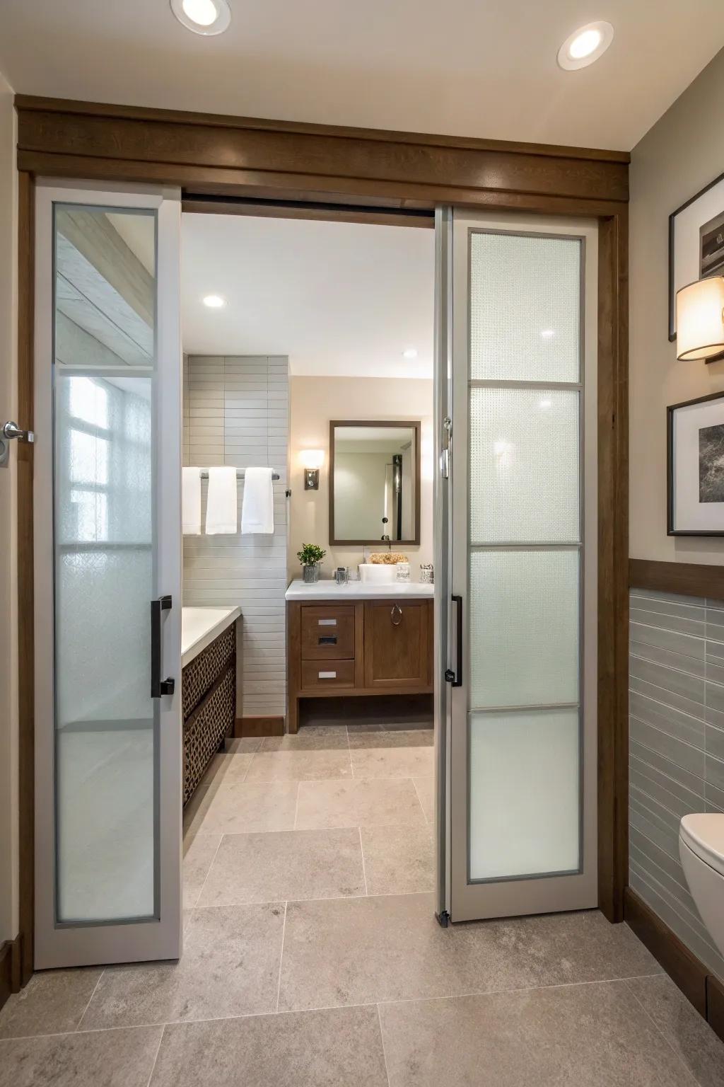 A guest bath enhanced with privacy features such as frosted glass doors.
