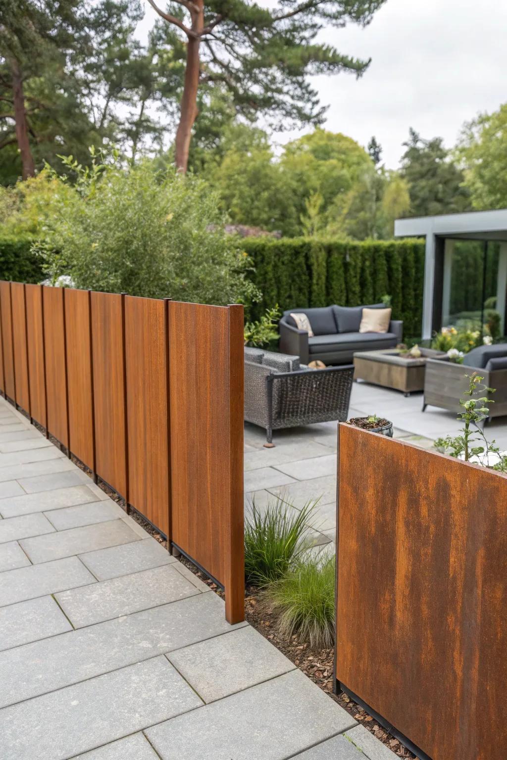 A contemporary feel comes through weathered steel.