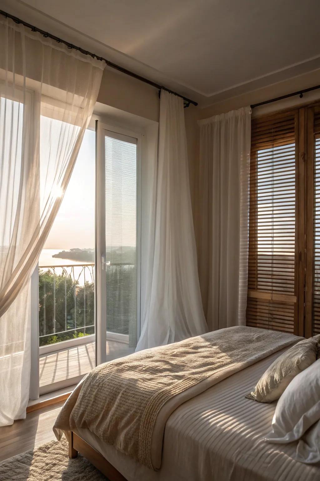Dreamy bedroom featuring partial coverings and sheer fabrics.
