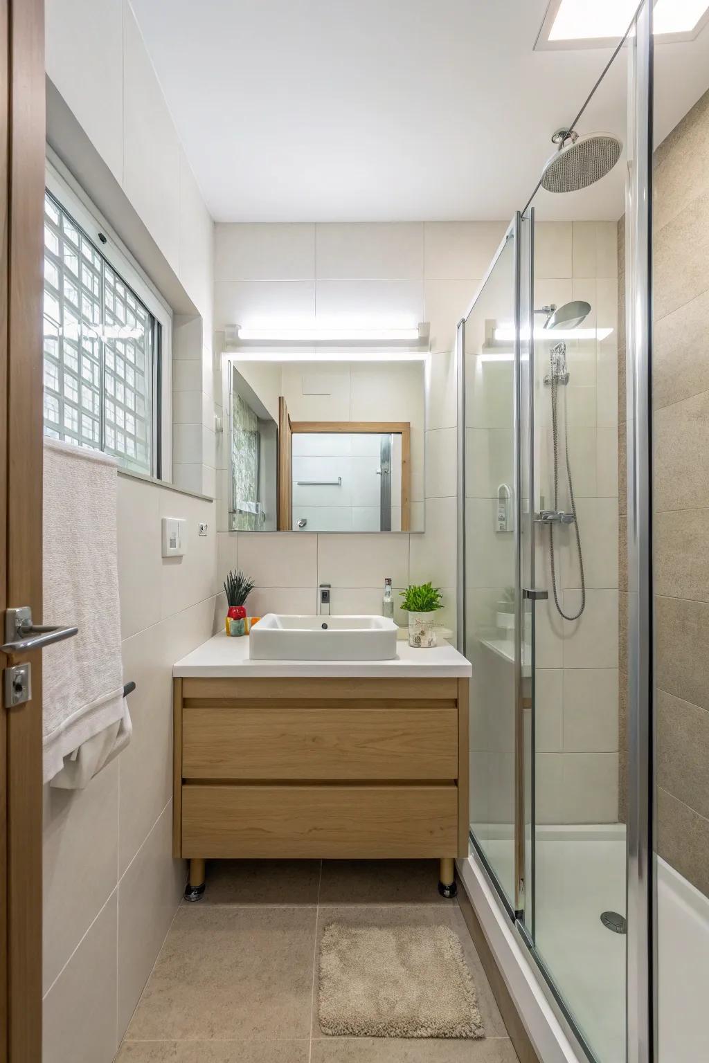 Minimalist design brings serenity and elegance to a guest bathroom.