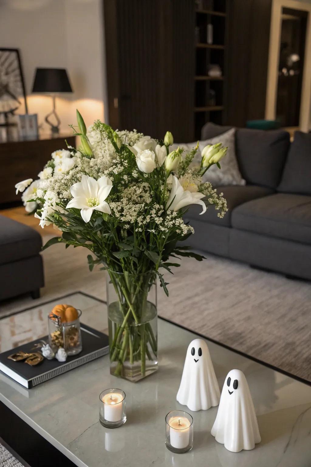 Apparition figurines impart an ethereal quality to this elegant Halloween bouquet.
