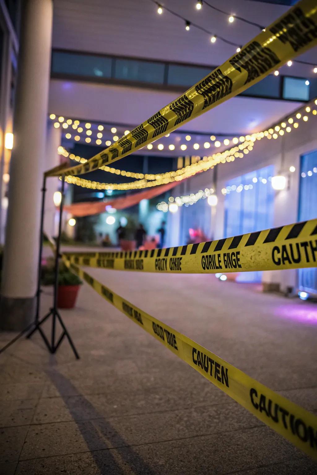 Warning ribbon highlighted using ambient lighting for a spooky appearance.