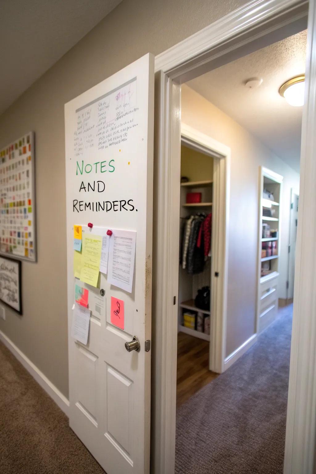 Message board in a hallway closet used for personal notes and reminders.