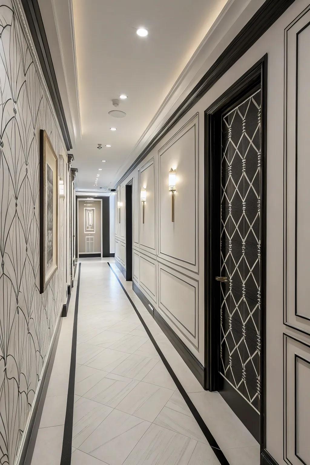 A sleek hallway showcasing minimalist outline surface decor.