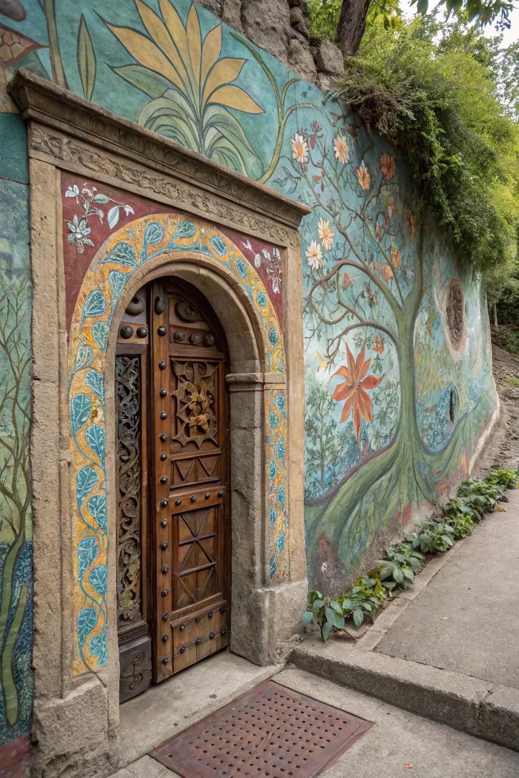 A mural transforms an entry into a piece of art.