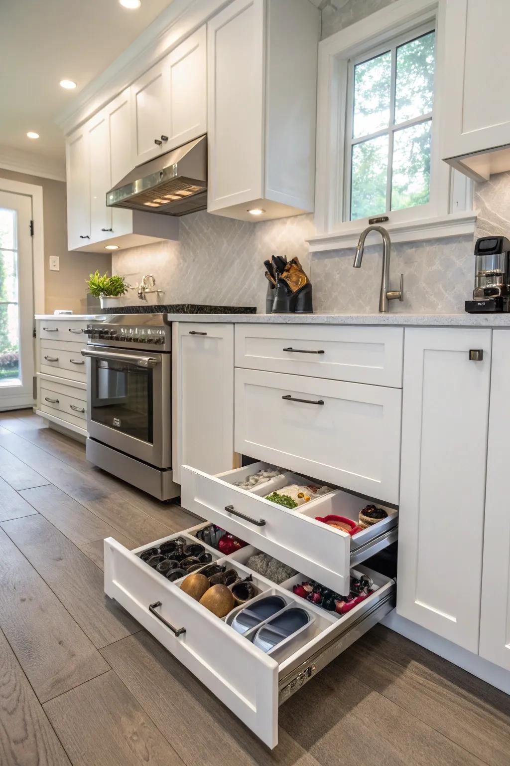 Toe-kick drawers offer hidden shoe storage in underused spaces.