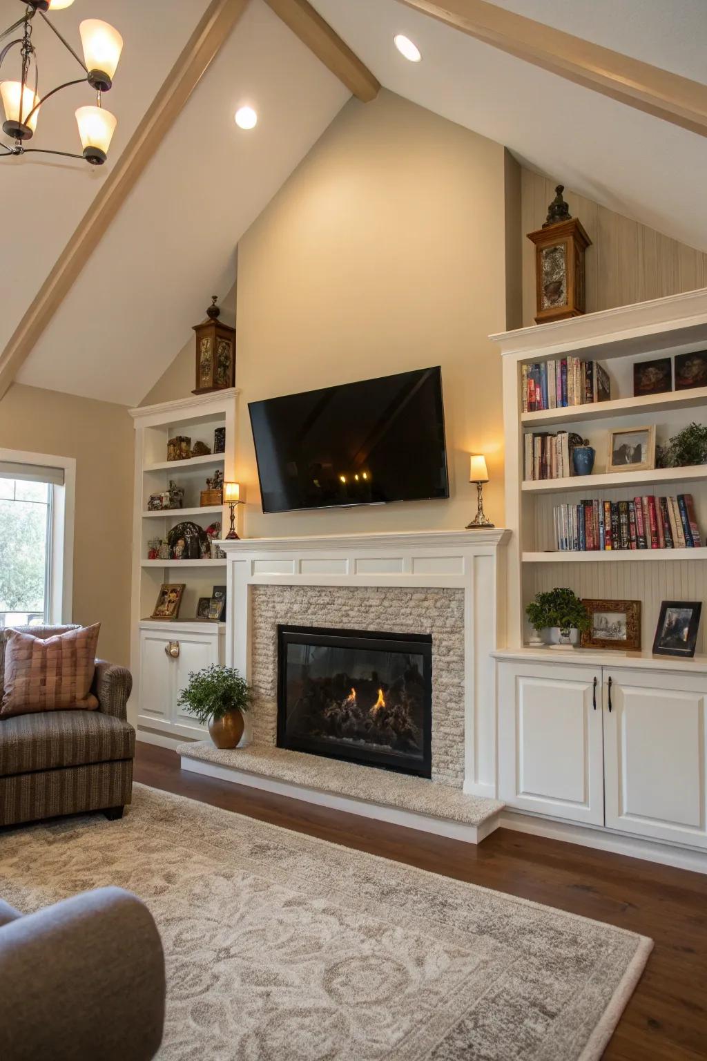 Merge aesthetic appeal with practicality by incorporating intelligent features above the fireplace.