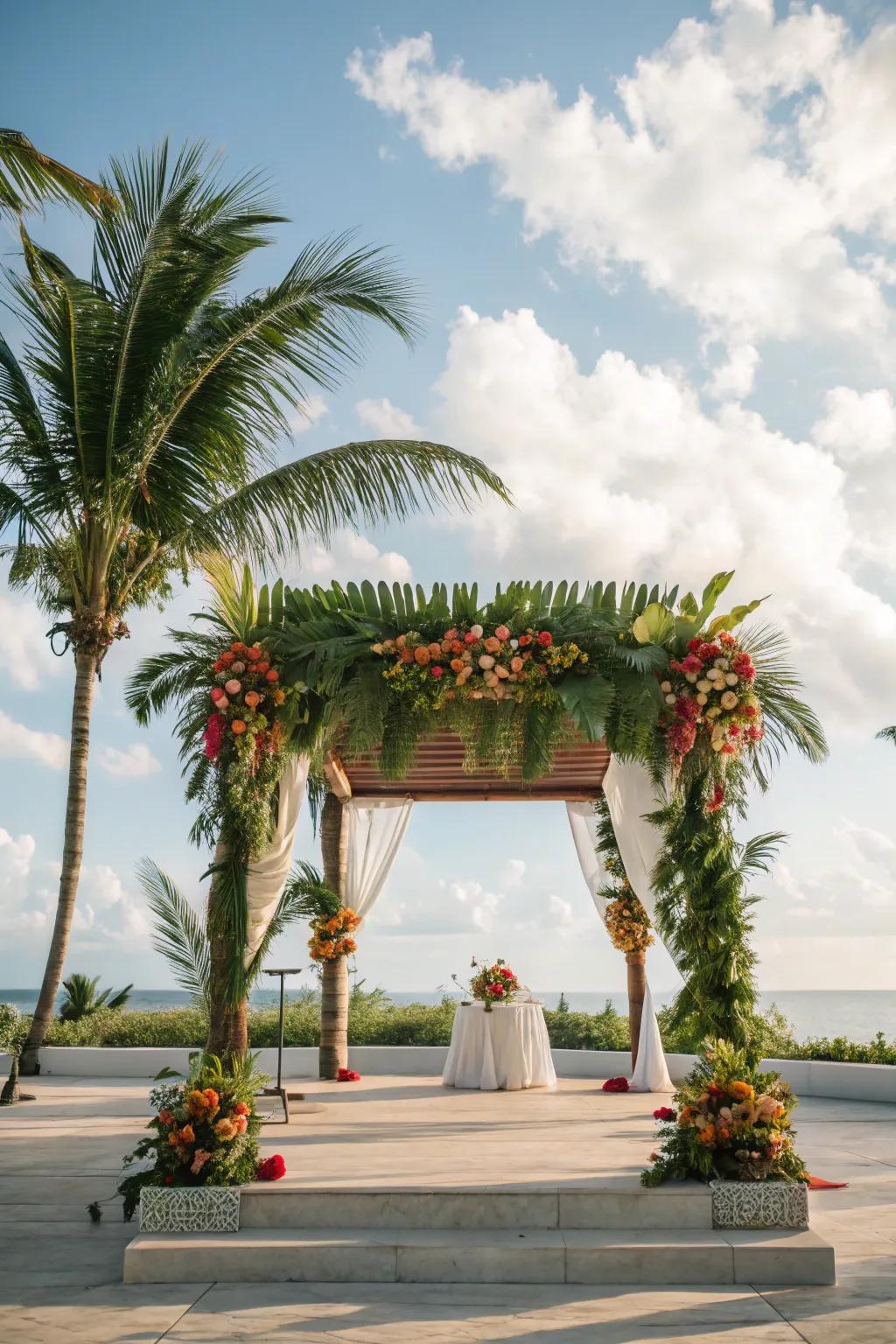 A tropical-themed mandap through vibrant fronds and blooms.