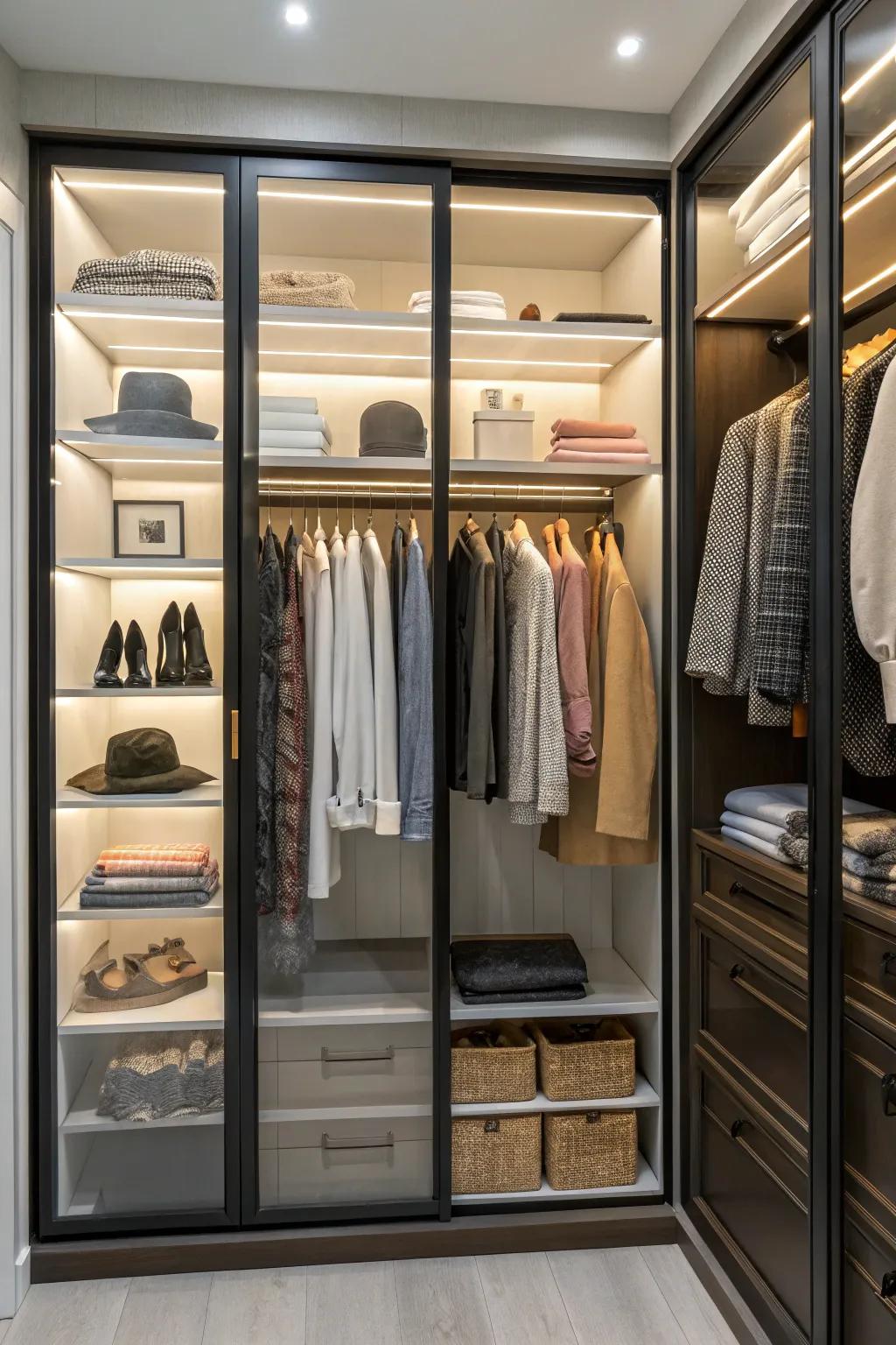 Convert your closet into a boutique via sophisticated glass doors.