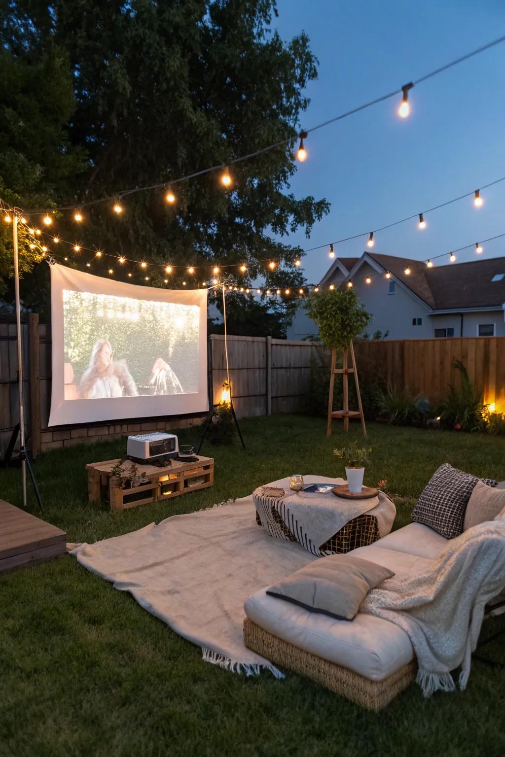 A comfortable outside screening arrangement for a magical cinema venture.