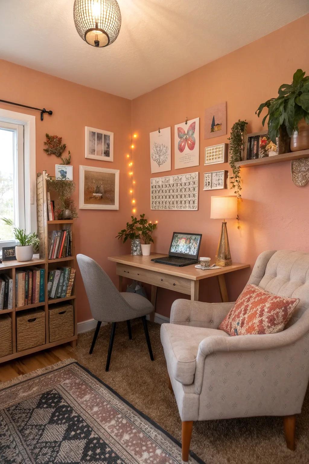 Peach walls contribute warmth and harmony to this welcoming home office.