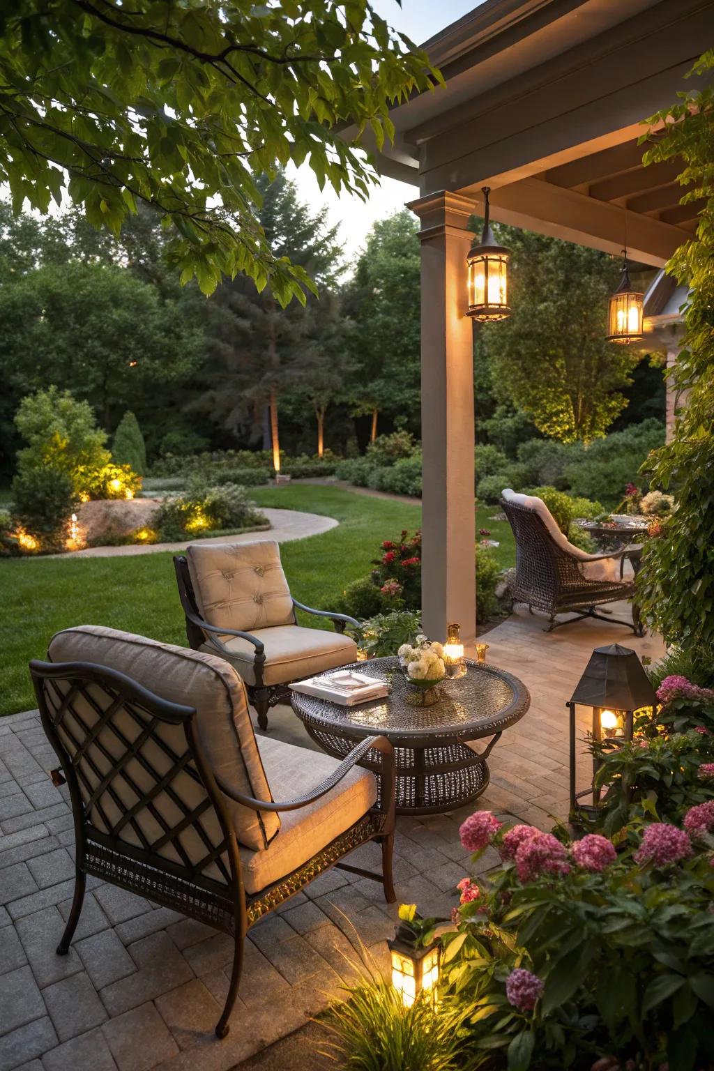 An outdoor space with new furniture and lighting.